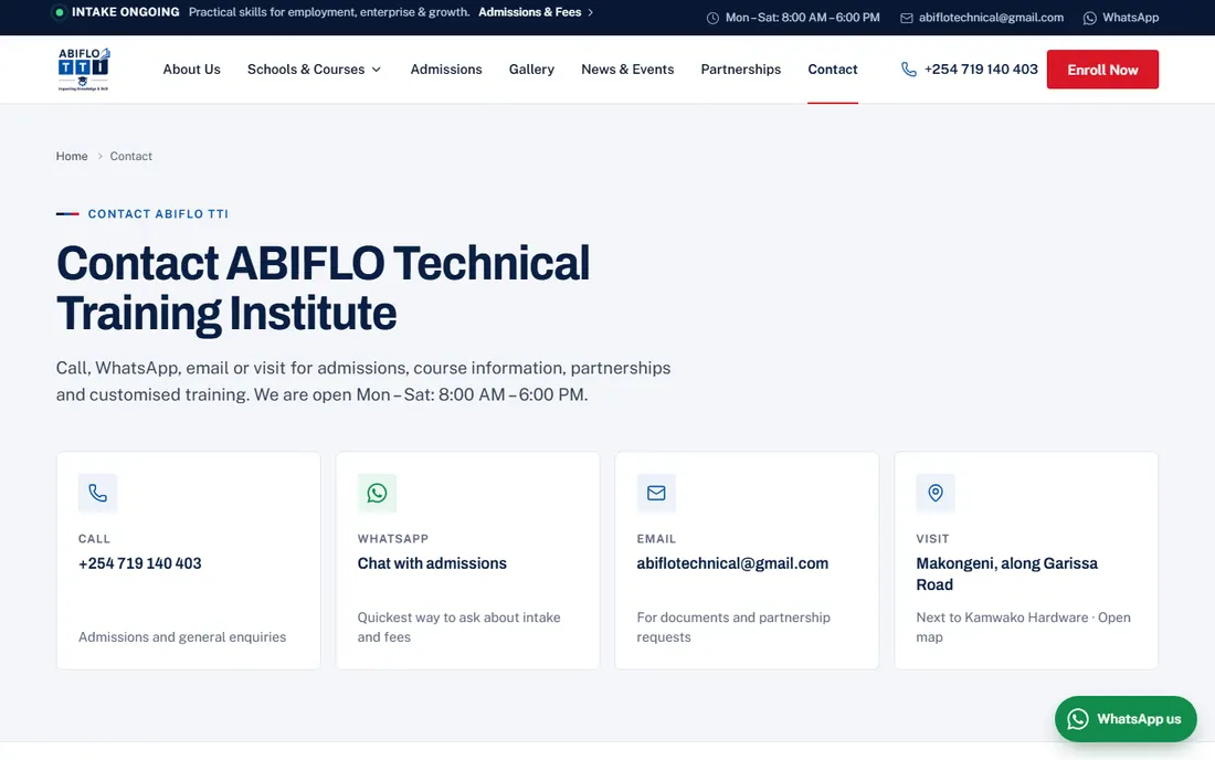 ABIFLO contact page with call, WhatsApp, email and visit details