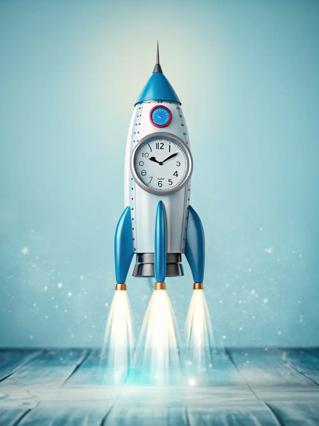 An illustration depicting a clock with a rocket booster attached, symbolizing faster response times, with Zola's logo subtly integrated into the design.