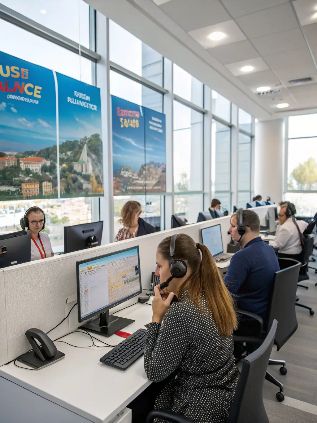 A professional photograph of a diverse team of support agents looking relaxed and productive, with Zola's AI interface subtly displayed on their computer screens in the background, symbolizing reduced workload and improved efficiency.
