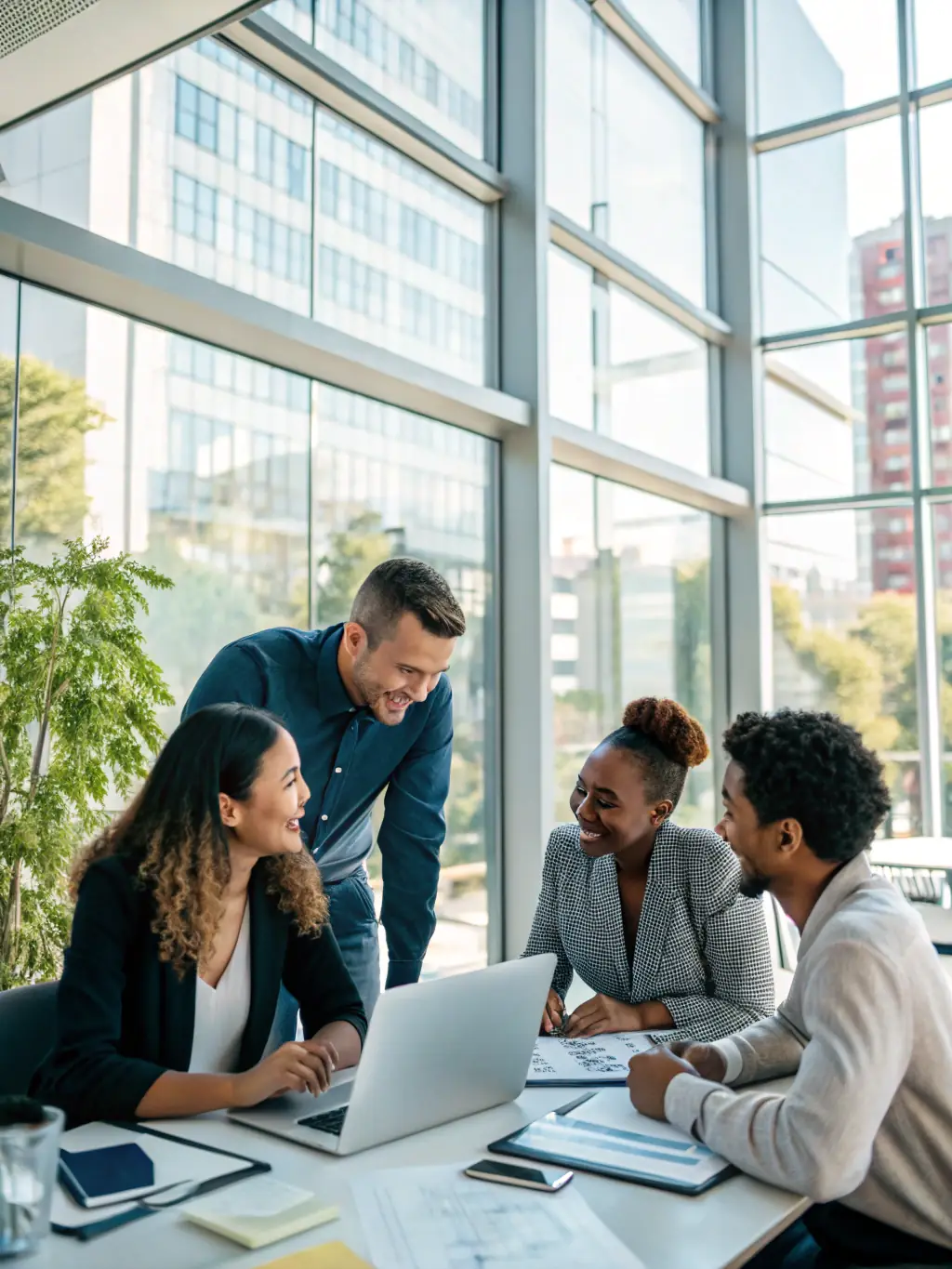 A clean, professional image representing a small business team collaborating, symbolizing the affordability and essential features of the Basic plan, suitable for startups.